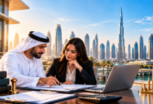 Business professionals reviewing Dubai trade license renewal documents with the Dubai skyline and UAE flag in the background.
