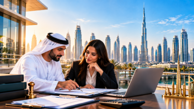 Business professionals reviewing Dubai trade license renewal documents with the Dubai skyline and UAE flag in the background.