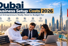 Dubai business setup costs in 2026 with entrepreneurs reviewing licensing, office, visa, tax and banking expenses against the Dubai skyline.