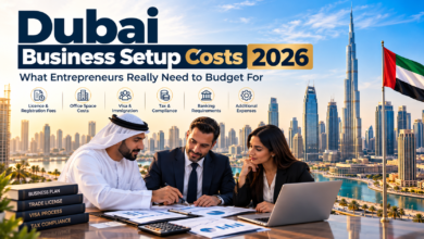 Dubai business setup costs in 2026 with entrepreneurs reviewing licensing, office, visa, tax and banking expenses against the Dubai skyline.
