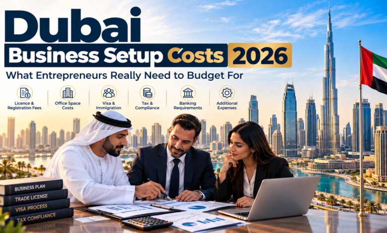 Dubai business setup costs in 2026 with entrepreneurs reviewing licensing, office, visa, tax and banking expenses against the Dubai skyline.