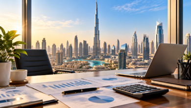 Sharjah mainland license 2026 business setup planning with financial documents, laptop and calculator overlooking the UAE skyline.