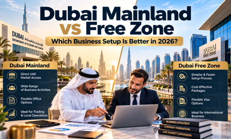 Dubai mainland vs free zone business setup comparison in 2026 with UAE market access, licensing, visa and international business options.