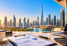Dubai business setup cost in 2026 with financial planning documents, calculator, laptop and Dubai skyline featuring Burj Khalifa.