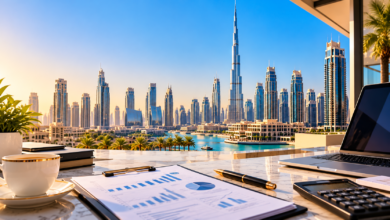 Dubai business setup cost in 2026 with financial planning documents, calculator, laptop and Dubai skyline featuring Burj Khalifa.
