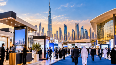 Dubai trade shows and exhibitions 2026 featuring modern exhibition stands, international business visitors and Dubai skyline with Burj Khalifa.