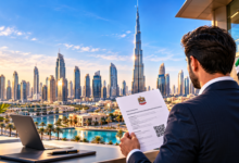 Dubai skyline and businessman reviewing a business registration document, illustration for Dubai Unified Licence guide