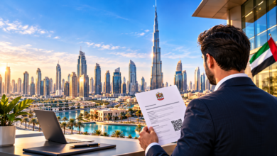 Dubai skyline and businessman reviewing a business registration document, illustration for Dubai Unified Licence guide