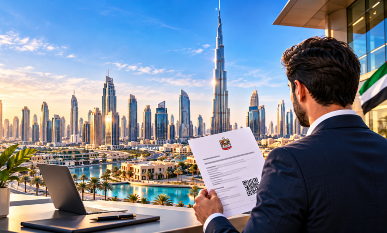 Dubai skyline and businessman reviewing a business registration document, illustration for Dubai Unified Licence guide