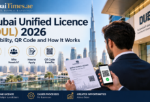 Dubai Unified Licence 2026 article graphic featuring Dubai skyline, business identity and QR code