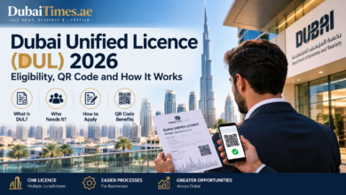 Dubai Unified Licence 2026 article graphic featuring Dubai skyline, business identity and QR code