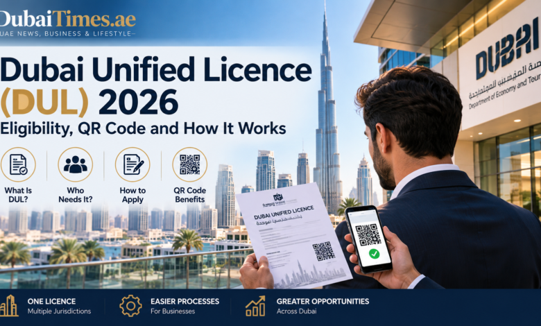 Dubai Unified Licence 2026 article graphic featuring Dubai skyline, business identity and QR code