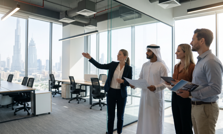 A commercial real estate agent touring an open-plan fitted commercial office space in Dubai with corporate clients overlooking the Downtown skyline.
