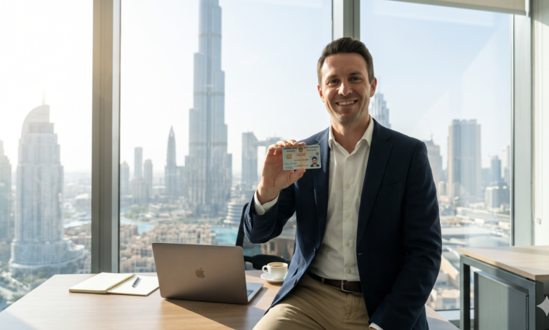 A natural, candid photo of a successful international professional holding a UAE residency card in a modern glass office in Downtown Dubai, with the Burj Khalifa and skyline in the background.