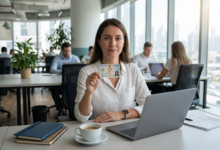 A professional female freelancer holding her UAE freelance residence card at a modern coworking space in Dubai with colleagues and laptop in the background.