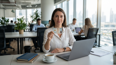 A professional female freelancer holding her UAE freelance residence card at a modern coworking space in Dubai with colleagues and laptop in the background.