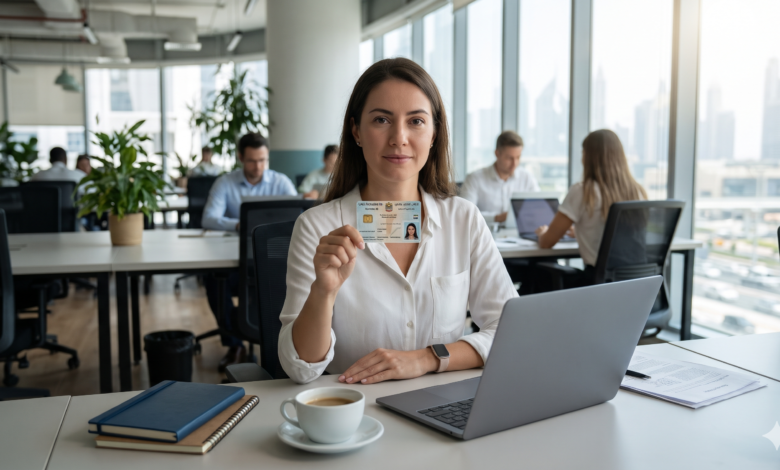 A professional female freelancer holding her UAE freelance residence card at a modern coworking space in Dubai with colleagues and laptop in the background.