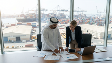 Corporate executives reviewing shipping documents and logistics plans inside a modern office overlooking the container terminals at Jebel Ali Free Zone (JAFZA) in Dubai.