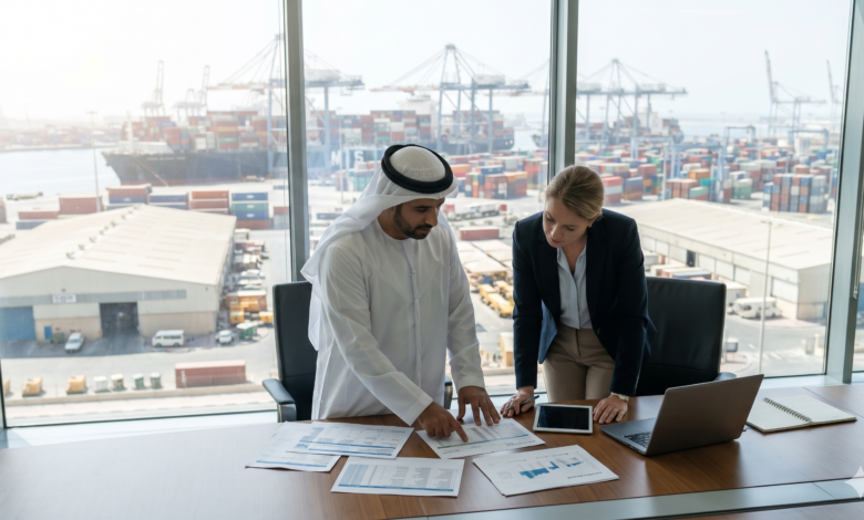 Corporate executives reviewing shipping documents and logistics plans inside a modern office overlooking the container terminals at Jebel Ali Free Zone (JAFZA) in Dubai.