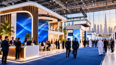 Modern custom exhibition stands and business visitors at a trade show in Dubai, UAE.