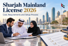 Sharjah mainland license application process with UAE business professionals reviewing company setup documents in Sharjah