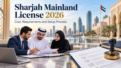 Sharjah mainland license application process with UAE business professionals reviewing company setup documents in Sharjah