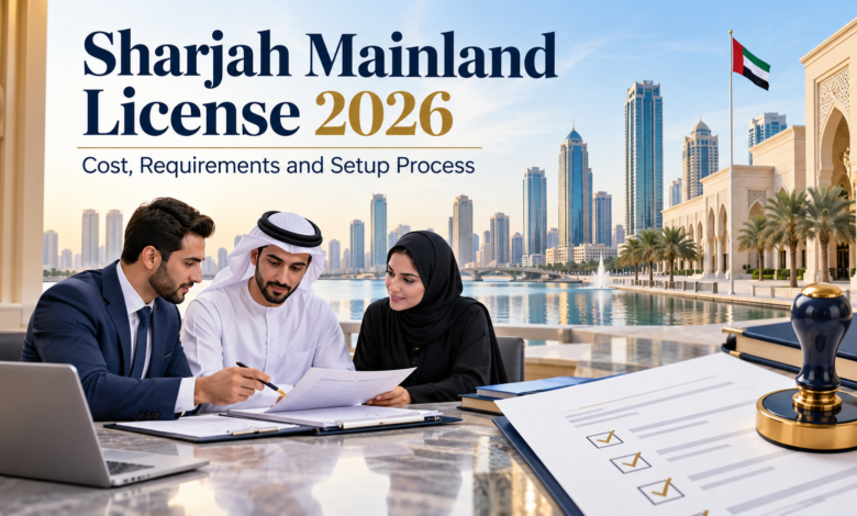 Sharjah mainland license application process with UAE business professionals reviewing company setup documents in Sharjah
