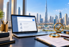 Dubai trade licence verification concept with business search, documents and Dubai skyline.