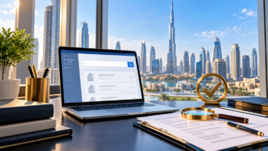 Dubai trade licence verification concept with business search, documents and Dubai skyline.