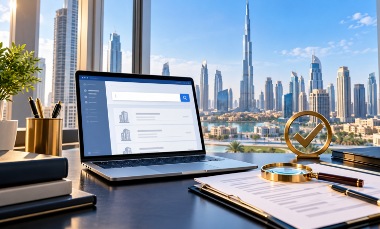 Dubai trade licence verification concept with business search, documents and Dubai skyline.